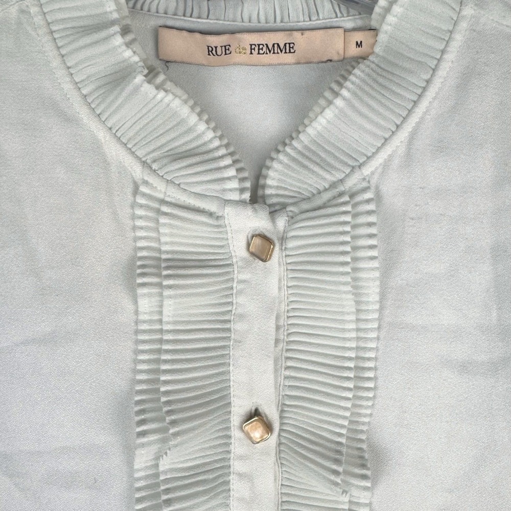 Rue de Femme Blouse Women Medium White Good Pleated Ruffle Gold Button 6824
